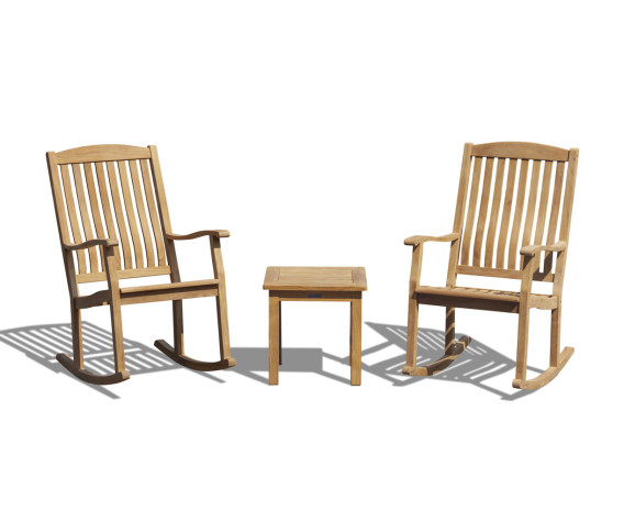 Square 50cm Teak Table and 2 Rocking Chairs Garden Set