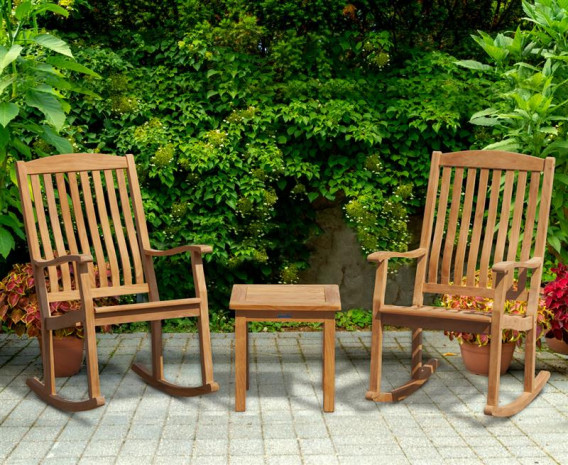 Square 50cm Teak Table and 2 Rocking Chairs Garden Set