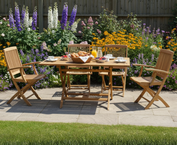 Palma Teak Folding Garden Table and 4 Folding Armchairs Set