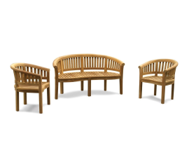 Wimbledon Teak Banana Bench & 2 Armchairs Garden Set