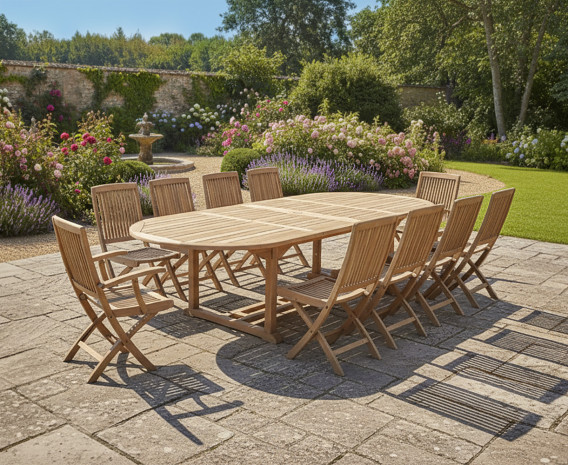 Oxburgh Oval Extending Garden Table, 2 Palma Armchairs and 8 Folding Chairs Set