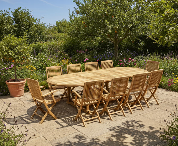Oxburgh Oval Teak Extending Table & Palma Folding Armchairs Set