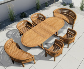 Oxburgh Teak Extendable Table 1.8-2.4m with Banana Benches and Chairs