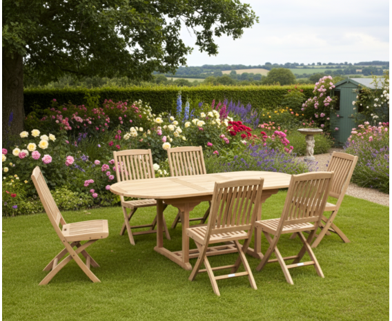 Oxburgh Teak Extending Table and Cannes Folding Chairs Set