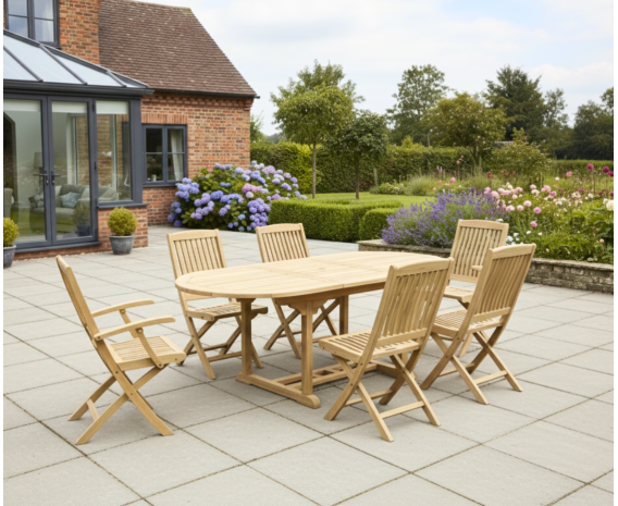 Oxburgh Extending Teak Garden Table and 6 Cannes Folding Chairs Set