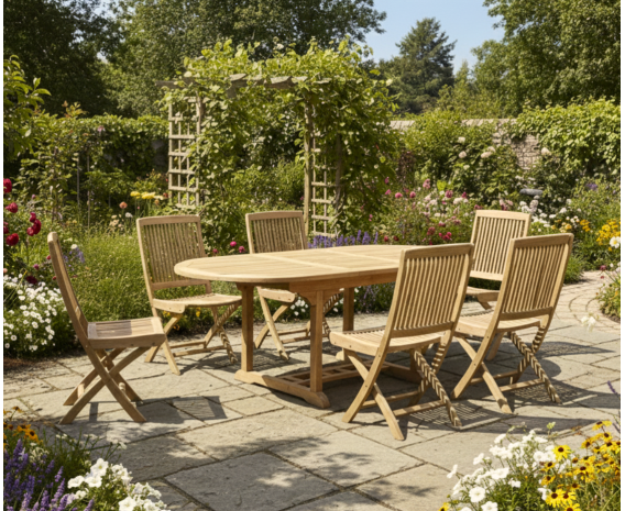 Oxburgh Single-Leaf Extending Teak Table and Palma Folding Chairs Set