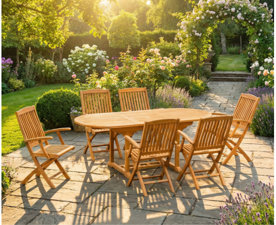 Oxburgh Teak Extending Garden Table and 6 Cannes Folding Armchairs