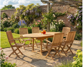 Oxburgh Teak Extending Garden Table and 6 Palma Folding Armchairs