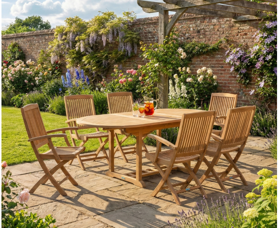Oxburgh Teak Extending Garden Table and 6 Palma Folding Armchairs