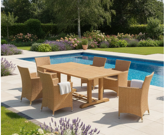 Rectory 6 Seater Teak 2m Rectangular Table and Verona Armchairs Set