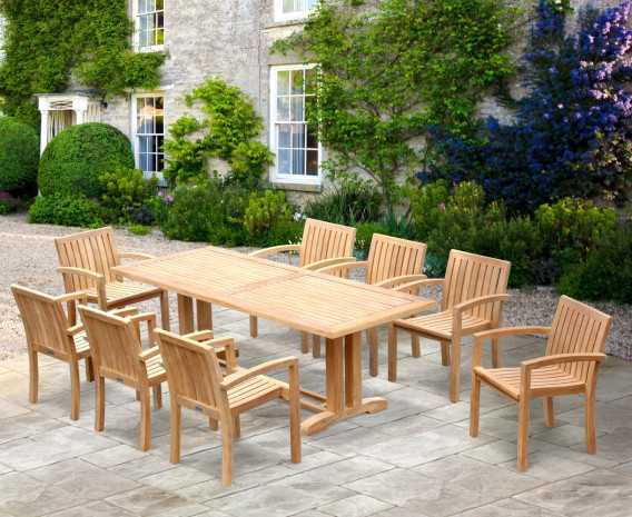 Cadogan 8 Seater Teak Table 2.25m & Monaco Stacking Chairs