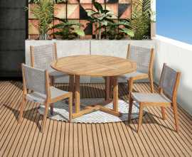 Sissinghurst 1.3m Round Teak Table & 4 Lumo Woven Stacking Chairs Set