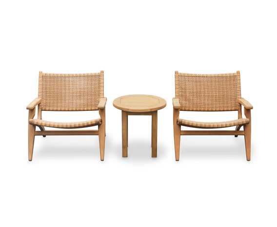 Teak Round 50cm Garden Table and Catalina Lounge Armchairs - Honey Wicker
