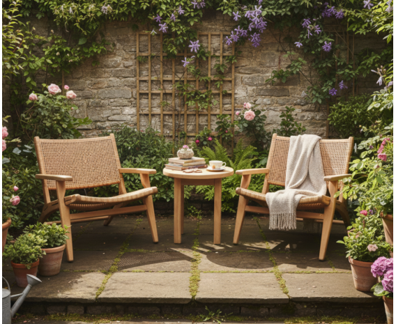 Teak Round 50cm Garden Table and Catalina Lounge Armchairs - Honey Wicker