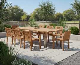 Nova Rectangular Teak Table and 8 Antibes Stacking Chairs