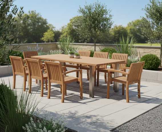 Nova Rectangular Teak Table and 8 Antibes Stacking Chairs