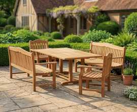 Rectory 2m Rectangular Table, Austen Teak Benches and Austen Armchairs Set
