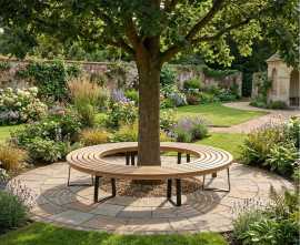 Backless Teak Circular Tree Seat with Metal Legs - 2.2m
