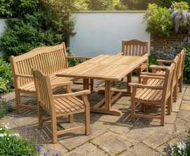 Rectory 2m Teak Dining Table with 1.8m Austen Bench and 5 Austen Armchairs
