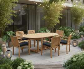 Oxburgh 6 Seater Double Leaf Extending Table with Antibes Armchairs