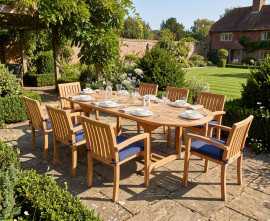 Oxburgh 8 Seater Teak Extending 1.8-2.4m Table with Antibes Armchairs