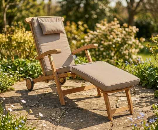 Serenity Teak Steamer Chair with Wheels and Cushion