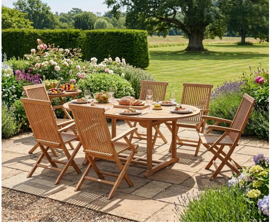 Oxburgh Extending Teak Table and 6 Newhaven Folding Armchairs