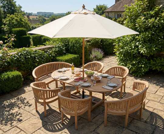 Oxburgh Teak Extendable Table 1.8-2.4m with Banana Benches and Chairs