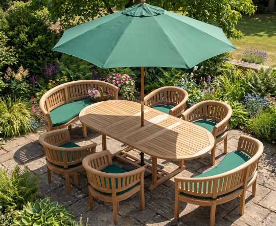 Oxburgh Teak Extendable Table 1.8-2.4m with Banana Benches and Chairs