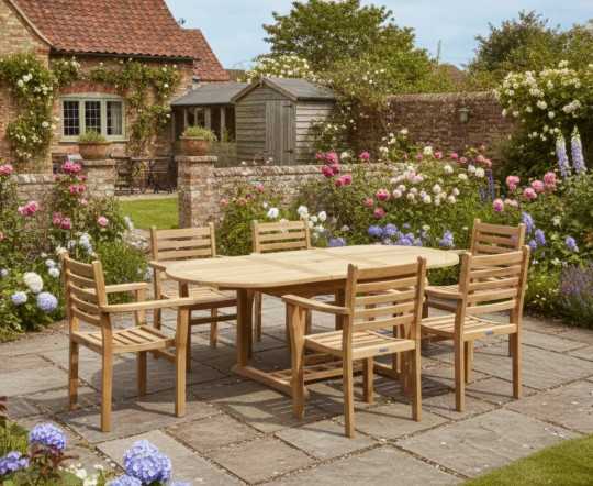 Oxburgh Extending Garden Table and 6 Sussex Stacking Armchairs