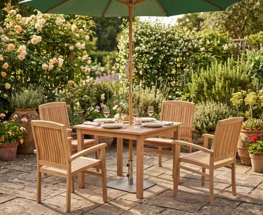 Hampton 4 Seater Teak Square Dining Set with Cannes Stacking Chairs