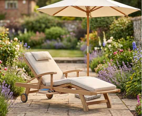 Luxury Teak Reclining Sun Lounger with Arms and Cushion