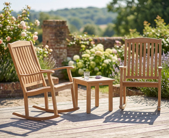 Square 50cm Teak Table and 2 Rocking Chairs Garden Set