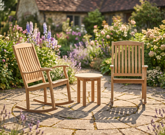 Teak Rocking Chairs with Side Table Set