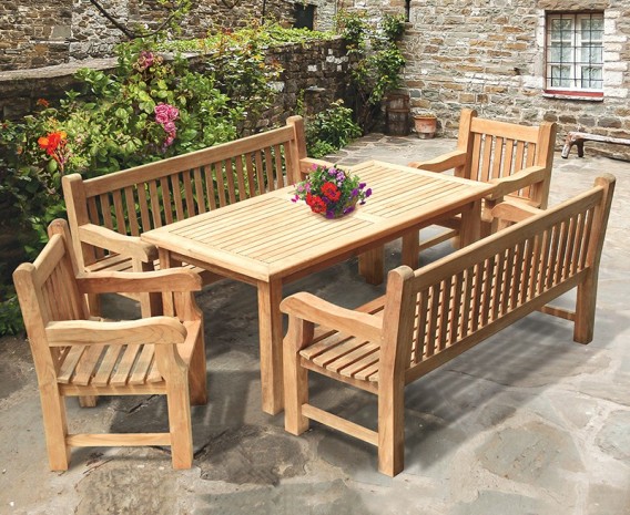 Gladstone Teak Rectangular 1.8m Table with Benches and Armchairs