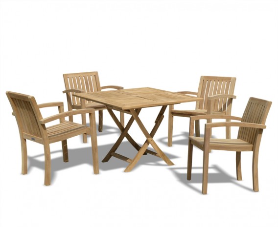 Teak Garden Dining Set with Folding Square Table & 4 Stacking Chairs