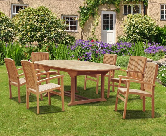 Oxburgh Double Leaf Extending Table with 6 Cannes Stacking Chairs