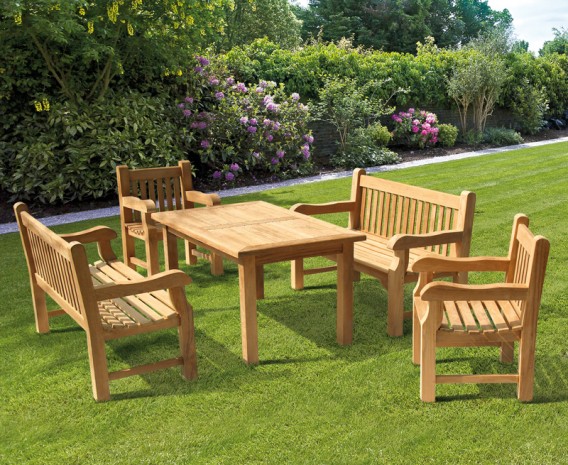 Gladstone Teak Rectangular 1.5m Table with Benches and Armchairs