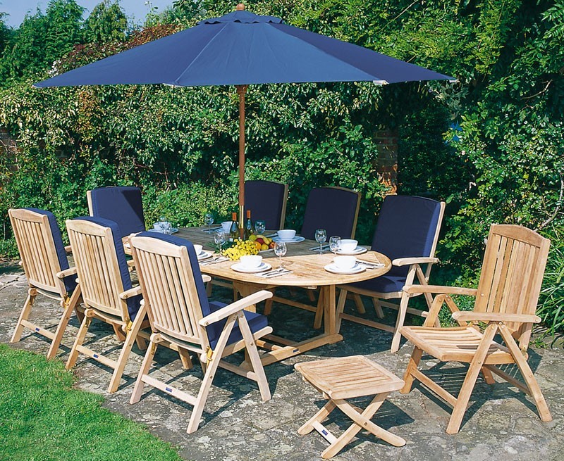 Oxburgh 8 Seater Teak Extendable Table with Tewkesbury Recliner Chairs