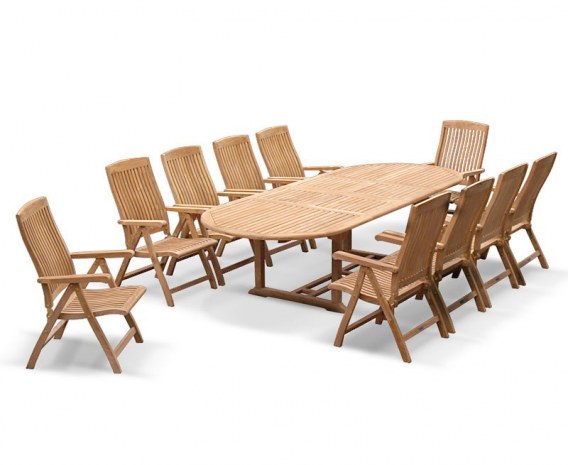 Oxburgh 10 Seater Teak 2-3m Extending Table with Cannes Recliners
