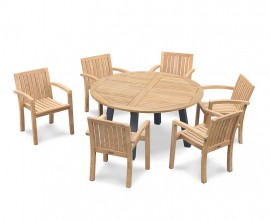 Diskus Garden Dining Table with 6 Teak Stacking Chairs