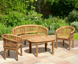 Wimbledon Teak Coffee Table Set with Banana Bench and Armchairs