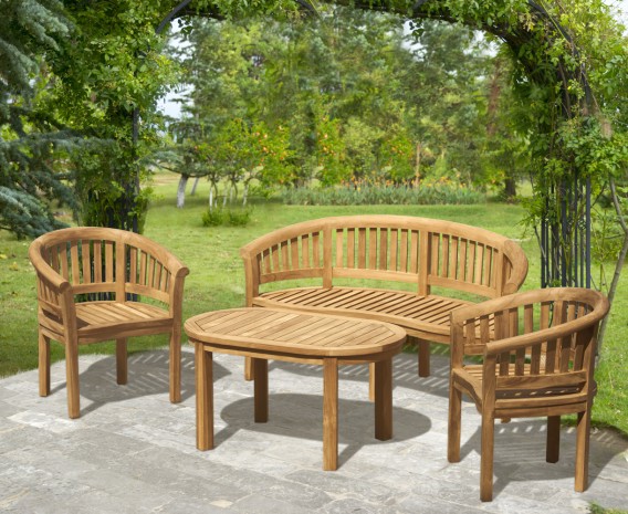 Apollo Teak Conversation Set with Banana Bench and Armchairs