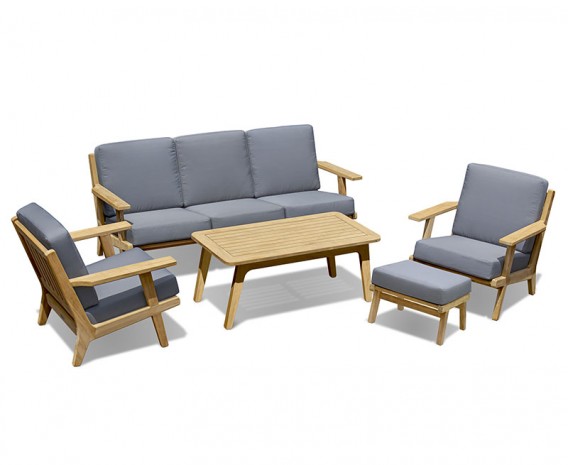 Belmont Mid-Century Teak Garden Sofa Set with Ottoman - 5 Seater